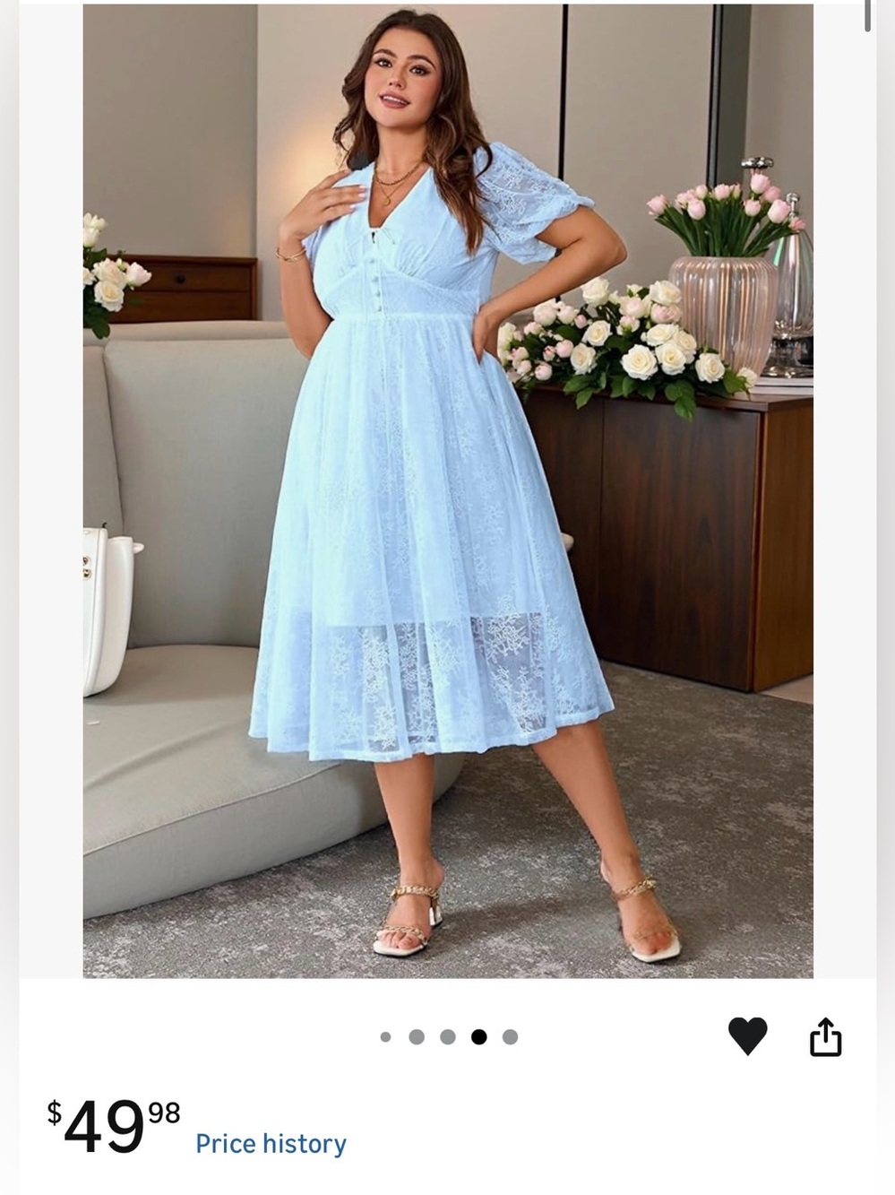 EYWOL Blue V-Neck Puff Short Sleeve A-Line Floral Lace Midi Dress Plus 2XL